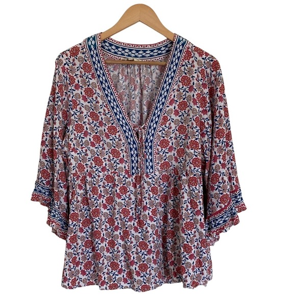 Cynthia Rowley Tops - Cynthia‎ Rowley Womens Floral V-Neck Boho Blouse Rust Blue Size 1X 3/4 Sleeve